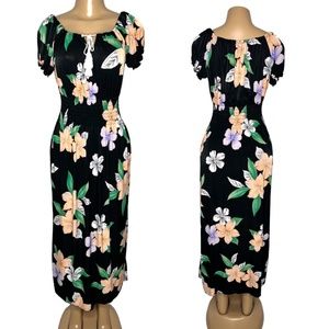 Elegant Floral Maxi Black Women Dress Size M Off Shoulder Elastic Waist Dress
